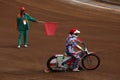 Speedway riders compete on track in Pardubice, Czech Republic.
