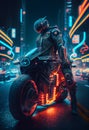 Speedway with riding futuristic motorcycle. Cyberpunk Motorbiker is riding a futuristic motorcycle on the night street