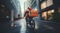 Speedy delivery cyclist racing through urban streets with package Royalty Free Stock Photo