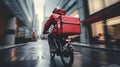 Speedy urban delivery service cyclist with red backpack in motion Royalty Free Stock Photo