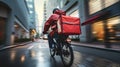 Speedy urban food delivery cyclist with red insulated backpack Royalty Free Stock Photo