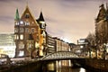 Speicherstadt at night in Hamburg