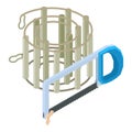 Speleological tool icon isometric vector. Iron caving ladder and hand hacksaw