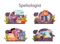 Speleologist concept set. Scientst exploring deep cave with special Royalty Free Stock Photo