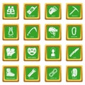 Speleology equipment icons set green square