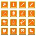 Speleology equipment icons set orange square