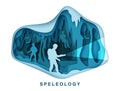 Speleology. Spelunker and bat silhouettes in underground cave, vector paper cut illustration. Science, sport tourism. Royalty Free Stock Photo