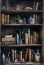 Spell books and crystals on a shelf. AI generated.