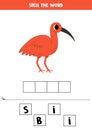 Spelling game for preschool kids. Cute cartoon scarlet ibis.