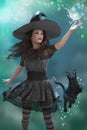 Spellcasting Witch with her Black Cat