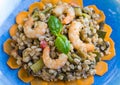 Spelled salad with vegetables and prawns Royalty Free Stock Photo