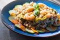 Spelled salad with vegetables and prawns Royalty Free Stock Photo