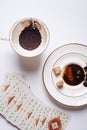 Spelling cards and cup with  coffee grounds  around white Royalty Free Stock Photo