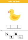 Spelling game for kids. Cartoon rubber duckling.