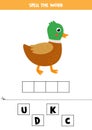 Spelling game for kids. Cute cartoon duck.