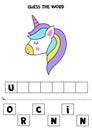 Spelling game for kids. Cute unicorn head.