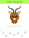 Spelling word scramble game template. Educational activity for preschool years kids and toddlers with cute gazelle. Flat vector