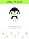 Spelling word scramble game template. Educational activity for preschool years kids and toddlers with cute penguin. Flat vector Royalty Free Stock Photo