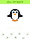 Spelling word scramble game template. Educational activity for preschool years kids and toddlers with cute penguin. Flat vector Royalty Free Stock Photo