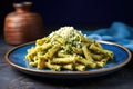 spelt pasta shape coated with pesto spotlighted on a blue plate