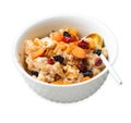 Spelt Porridge with Nuts and Dried Fruit Mix on White Background