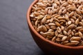 Spelt seeds on a dark stone background