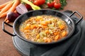 Spelt soup, farro soup, italian cuisine in metal pan Royalty Free Stock Photo