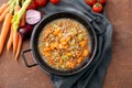 Spelt soup, farro soup, italian cuisine in metal pan Royalty Free Stock Photo