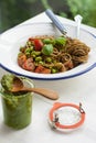 Spelt spaghetti and home made pesto Royalty Free Stock Photo