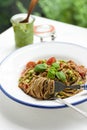 Spelt spaghetti and home made pesto Royalty Free Stock Photo