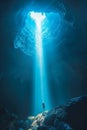 Spelunker in awe of natural light filtering into a majestic cavern from above. Royalty Free Stock Photo