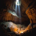 Spelunkers in a colossal cave with light falling from above Royalty Free Stock Photo