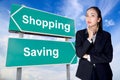 Spend save road sign with business woman thinking choice direction Royalty Free Stock Photo