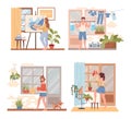 Spend time at home vector flat concept. People painting, doing sport exercises, cleaning up the flat.