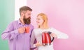 Spending good morning together. Couple prepare morning drink electric kettle device. Electric kettle boils water very Royalty Free Stock Photo