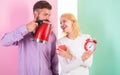 Spending good morning together. Prepare favourite drink in minutes. Modern devices make our life easier. Couple prepare Royalty Free Stock Photo