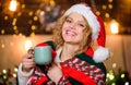 Spending great time at home. winter holidays. morning coffee. xmas mood. Woman drink cocoa. Cheerful woman feel cosy Royalty Free Stock Photo