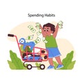 Spending habits concept. Excited boy joyfully spends pocket money