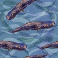 Sperm whale, Cachalot, hand painted watercolor illustration, seamless pattern on blue ocean surface with waves Royalty Free Stock Photo