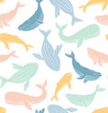 Sperm whale seamless pattern. Colorful whale background. Great underwater dweller. Royalty Free Stock Photo