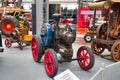 SPEYER, GERMANY - OCTOBER 2022: blue red LANZ GLUEKOPF BULLDOG steam machine 1922 retro tractor in the Technikmuseum Speyer
