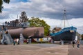 SPEYER, GERMANY - OCTOBER 2022: grey gray U-Boat U9 S188 type 205 1964 german navy military submarine in the Technikmuseum Speyer