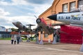 SPEYER, GERMANY - OCTOBER 2022: red white Sukhoi Su-22M4 Fitter 9 M09 russian soviet jet fighter-bomber in the Technikmuseum