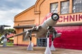 SPEYER, GERMANY - OCTOBER 2022: red white Sukhoi Su-22M4 Fitter 9 M09 russian soviet jet fighter-bomber in the Technikmuseum