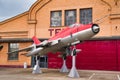 SPEYER, GERMANY - OCTOBER 2022: red white Sukhoi Su-22M4 Fitter 9 M09 russian soviet jet fighter-bomber in the Technikmuseum