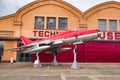 SPEYER, GERMANY - OCTOBER 2022: red white Sukhoi Su-22M4 Fitter 9 M09 russian soviet jet fighter-bomber in the Technikmuseum