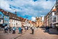 Speyer, Rhineland-Palatinate, Germany : Cityscape, historical street with cafes and shops and with famos cathedral in Royalty Free Stock Photo