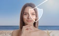 SPF shield and beautiful woman with healthy skin outdoors. Sun protection cosmetic product