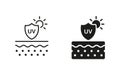 SPF Skincare Symbol Collection. Cream for Skin from Ultraviolet Radiation Line and Silhouette Black Icon Set. Sun