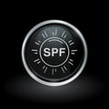 SPF sun health icon inside round silver and black emblem Royalty Free Stock Photo